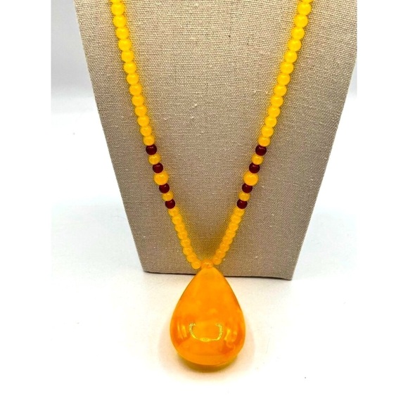Reconstituted Amber Teardrop Pendant, Yellow and Red Beads - Picture 3 of 8